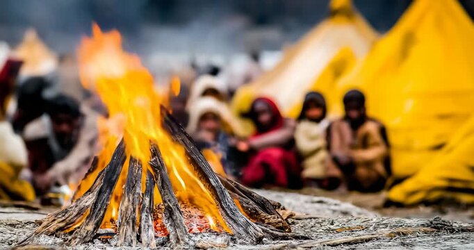 Refugee camp with makeshift tents and shelters people huddled around small fires sharing meager food supplies expressions of despair