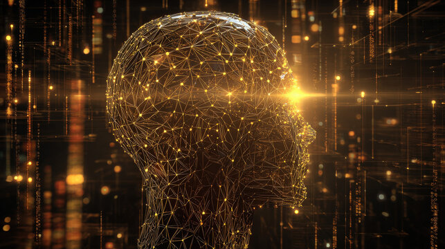 3D wireframe glowing human head with encrypted symbols and falling matrix code representing cyberattack and cybersecurity concepts