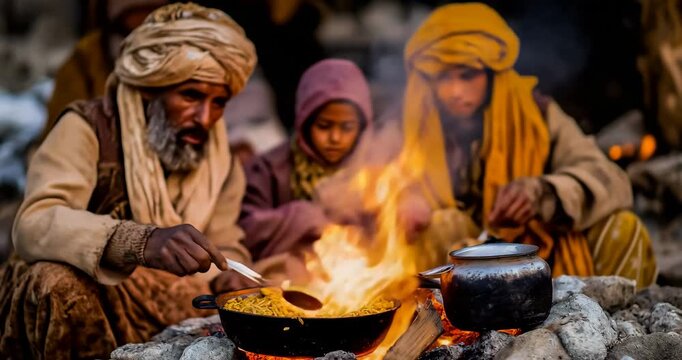 Small group of survivors around campfire in destroyed building cooking whatever food they found faces illuminated by firelight wearing protective clothing