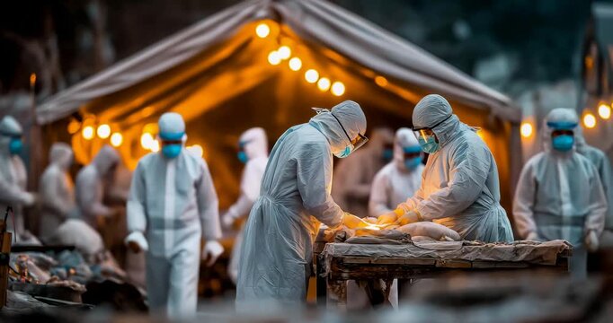 Medical tent with doctors treating radiation sickness patients limited medical supplies overcrowded conditions workers wearing full protective equipment