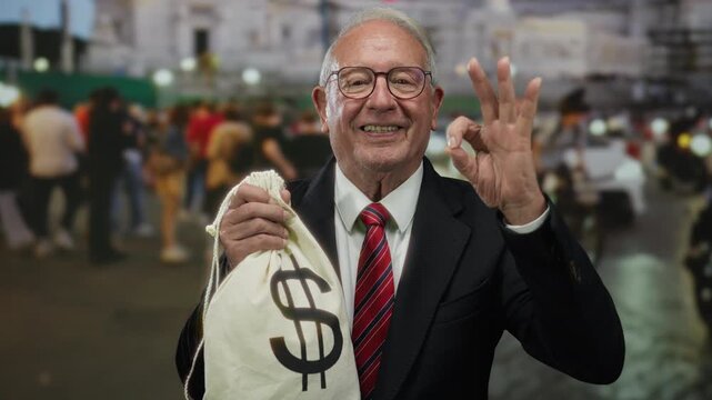 Senior man in suit outdoors holding money bag with dollar symbol and making ok gesture in crowded street.
