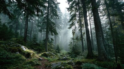 Obraz premium Mysterious forest exploration enchanted woods nature photography misty environment aerial view serenity concept