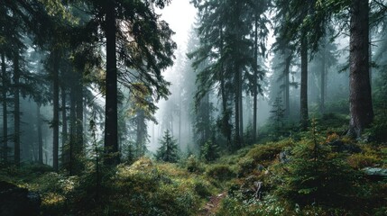 Naklejka premium Misty forest adventure enchanted woods photography nature landscape serene atmosphere