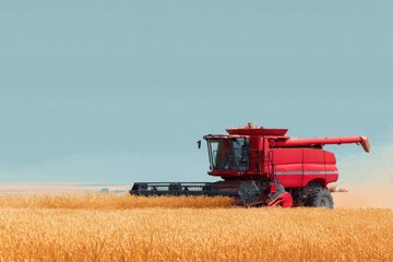 Modern Red Combine Harvester in Wheat Field