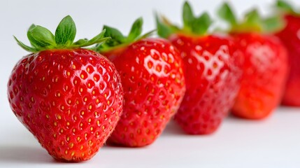 A row of fresh, vibrant strawberries displays a delightful red hue against a plain white background.