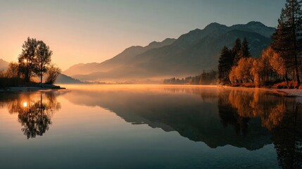 Golden sunrise reflection over tranquil lake mountainous region landscape photography natural beauty wide angle serene atmosphere
