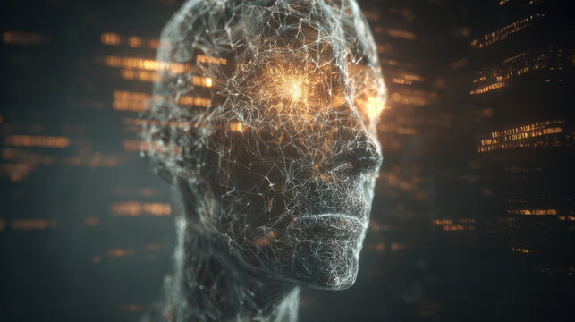 3D wireframe glowing human head with encrypted symbols and falling matrix code representing cyberattack and cybersecurity concepts