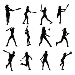Silhouettes of Women Playing Softball – Vector Set
