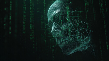 3D wireframe glowing human head with encrypted symbols and falling matrix code representing cyberattack and cybersecurity concepts