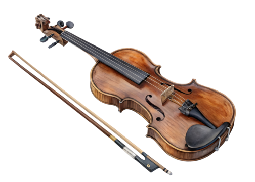 Antique Violin and Bow Isolated on Black Background Detailed View of a Brown Wooden Violin with its Bow High Resolution Image for Music and... isolated on a transparent background