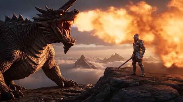 An epic fantasy battle scene of a brave knight facing a giant fire-breathing dragon on a mountain top
