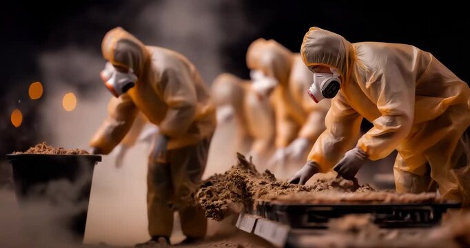 Group of survivors in makeshift hazmat suits scavenging for food in destroyed supermarket empty shelves covered in thick dust emergency lighting casting eerie shadows