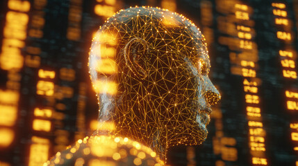 3D wireframe glowing human head with encrypted symbols and falling matrix code representing cyberattack and cybersecurity concepts