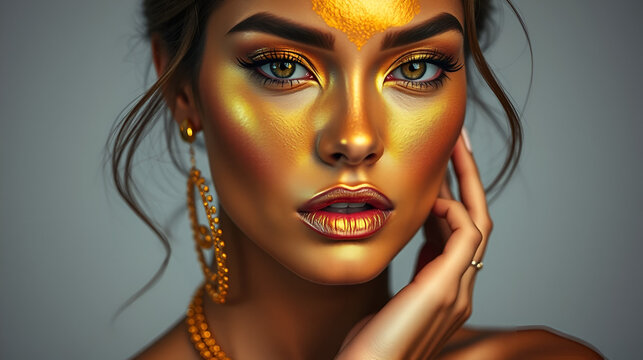 Beauty sexy woman with golden skin. Fashion art portrait closeup. Model girl with shiny golden professional makeup. Gold jewellery