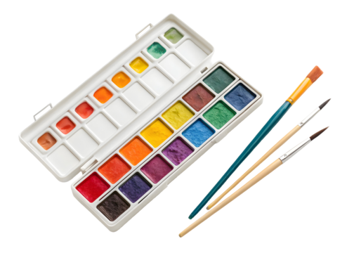 Open Watercolor Paint Palette with Vibrant Colors and Three Paintbrushes on Black Background isolated on a transparent background