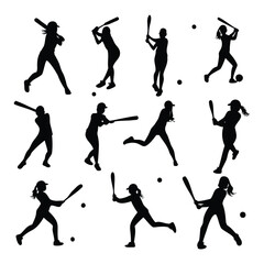 Silhouettes of Women Playing Softball – Vector Set