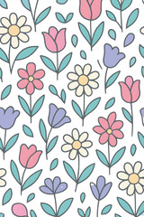Seamless Colorful Floral Pattern with Hand Drawn Flowers on White Background