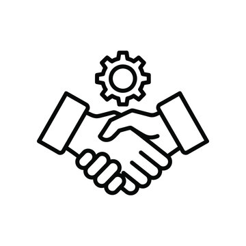 Partnership and Engineering: A minimalist illustration depicts a symbolic handshake, signifying the collaborative spirit of business, with a cogwheel above it