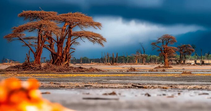 Dead forest with leafless black trees reaching toward gray polluted sky no signs of life ground covered in toxic ash and debris