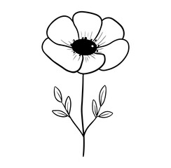 Black and White Hand-Drawn Floral Design with Leaves and Petals