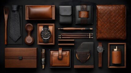 Stylish brown leather goods and accessories arranged in a sophisticated display on a dark background.