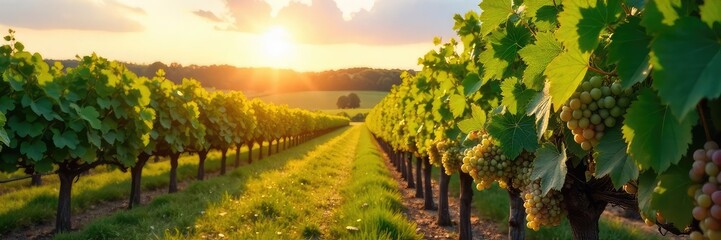 Naklejka premium Sun-drenched rows of grapevines stretching across a picturesque vineyard, ready for harvest Lush green foliage and ripe bunches of grapes hanging heavy on the vines , grape clusters, winegrowing