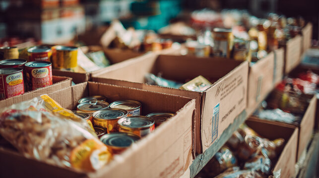 A close up view of cardboard boxes filled with canned goods and packaged food items on display shelf