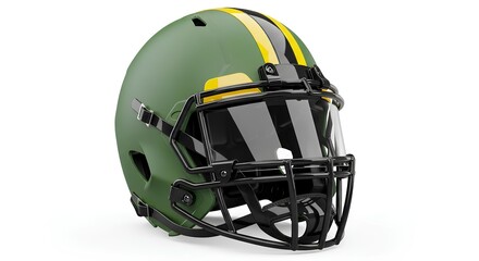 Side view of a green and yellow athletic helmet, a crucial piece of protective equipment for ensuring player safety in American football