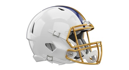 Fototapeta premium A classic white American football helmet with a golden facemask and blue stripe, isolated side view on a white background representing sports safety