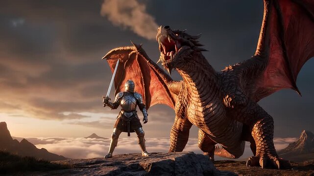 A brave medieval knight in full plate armor with a sword fighting a giant red dragon in an epic battle