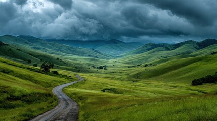 Naklejka premium Serene landscape of rolling green hills nature trail rural area cloudy sky panoramic view scenic beauty