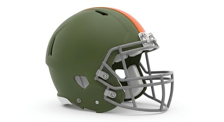 Naklejka premium Side view of a modern olive green and orange American football helmet, a conceptual design for team branding and player safety equipment isolated on a white background