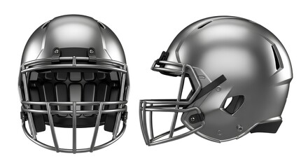 Fototapeta premium Sleek silver football helmet design concept shown from front and side angles, representing team sport competition and athletic protection isolated on a white background