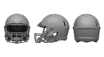 Three Views of a Gray Football Helmet on a White Background