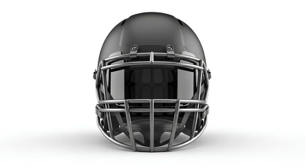 Fototapeta premium Front view of a sleek black American football helmet with a tinted visor, isolated on a white background. A symbol of team sports, protection, and competition