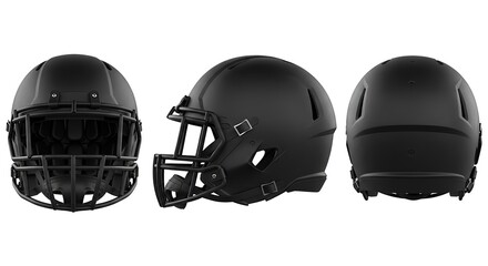 Naklejka premium American football helmet from three different angles front, side, and back view, showcasing its protective design and matte black finish