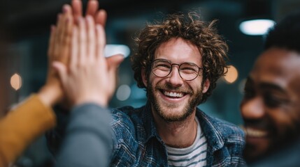 Joyful high-five celebration among friends cozy living room candid photography warm atmosphere connection and happiness