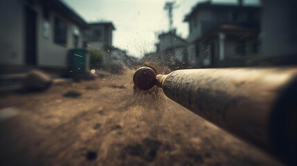 First person view through rifle scope:local street cricket action