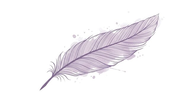 Elegant light purple feather with watercolor spots isolated on white background