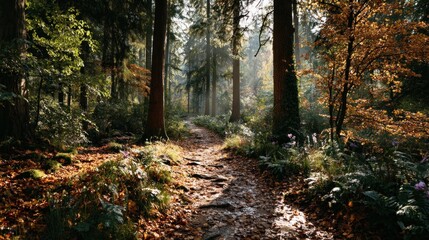 Fototapeta premium Exploring a serene forest path tranquil woodland nature photography autumn scene scenic viewpoint peaceful atmosphere