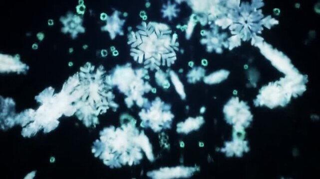A hand interacts with a digital display showing a flurry of white, snowflake-like forms against a dark background, interspersed with smaller, teal circular shapes.