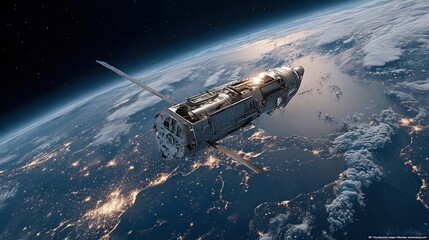 Obraz premium Sleek high-tech satellite orbiting earth amid twinkling stars