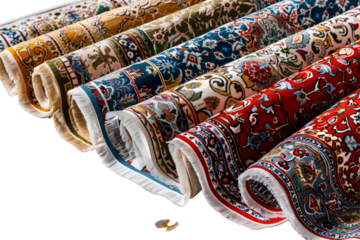 Rolled-up rugs colorful patterns textile display