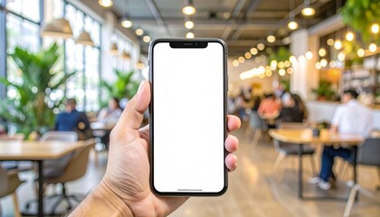 Hand holding a modern smartphone with a blank white screen in a blurred, stylish cafe setting, perfect for app mockups and technology display.