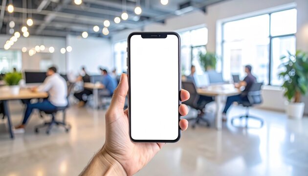 Hand holding modern smartphone with blank white screen in a blurred open-plan office setting, ideal for app mockup or digital communication. - Powered by Adobe