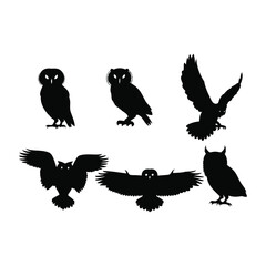 Owl Silhouette Quartet – Perched & Flying Poses in Minimalist Vector Style