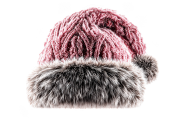Cozy pink faux fur winter hat with gray trim and pom isolated on transparent background