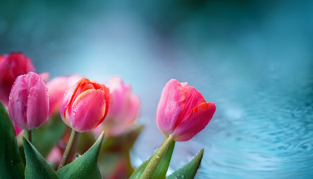 Fresh spring tulips glistening with raindrops, a vibrant bouquet of pink and red flowers against a serene, cool-toned bokeh background - Powered by Adobe