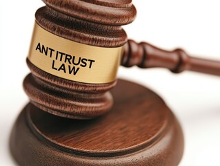 Close-Up of Gavel on Wooden Block with Antitrust Law Inscription