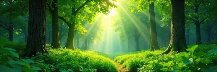 Lush green canopy, dappled sunlight filtering through leaves onto a vibrant forest floor, teeming with life A tranquil, idyllic scene of untouched nature , plants, peaceful